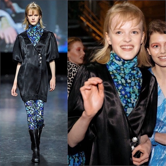 GANNI Floral Ruched Stretch Tulle Short Sleeve Crew Neck Bodycon Sheath Dress XS - Picture 7 of 16